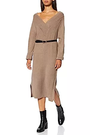 VILA Mujer Vestido de viscosa con cuello en V y botones beige