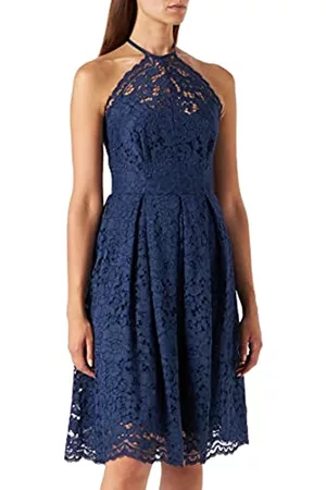 TRUTH & FABLE Mujer Cuello Alto - Marca Amazon - Vestido Cuello Halter de Encaje Mujer, (Medival Blue), 36, Label: XS