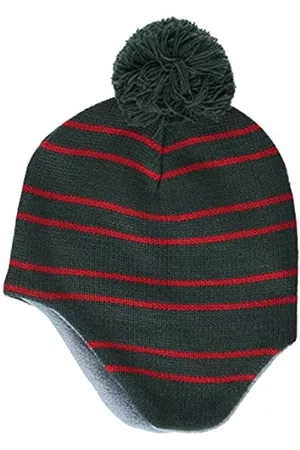 Amazon Niñas Gorros - Kids' Ear Flap Beanie with Pom Gorro, Verde Oliva/Rojo, Rayas, Talla única
