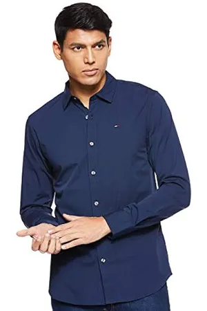 Camisa Tommy Hilfiger Original Hombre Logo Bordado Azul Slim