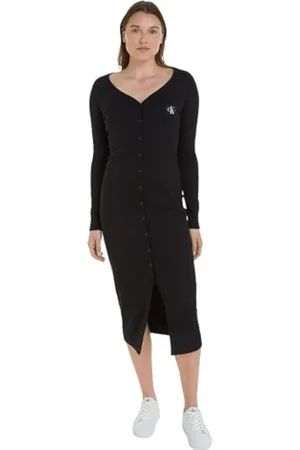 Calvin Klein Jeans Label Long Sleeve Rib Dress J20J222517 Vestidos Ajustados al Cuerpo, , M para Mujer