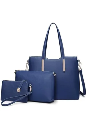 Bolsa elegante, moderna para mujer. Set de tres bolsas: de hombro, de mano  y cartera. Diseño geométrico blanco, azul celeste y azul marino