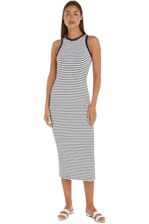 Tommy Hilfiger Vestido para Mujer Maxi Dress sin Mangas, Multicolor (Mini Stp Desert Sky/ White), S