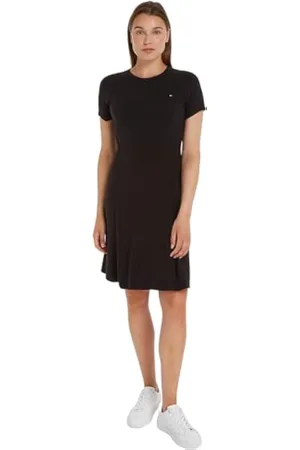 Tommy Hilfiger Vestido para Mujer Midi Dress de Manga Corta, Negro (Black), M