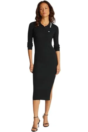 Tommy Hilfiger Vestido Tipo Polo Mujer Midi con Apertura en la Pierna, Negro (Black), M