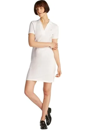 Tommy Hilfiger Vestido tipo polo Mujer Slim Fit V-Neck corto, Blanco (Ecru), S