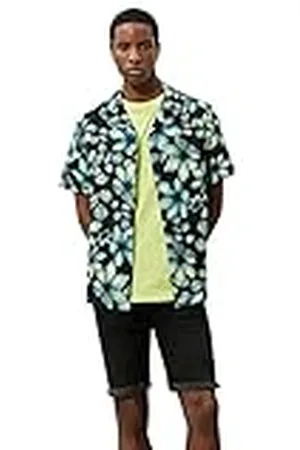 Koton Floral Shirt Short Sleeve Lapel Neck Printed Cotton Camisa, , XXL para Hombre