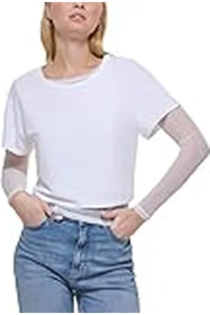DKNY Short Sleeve T-Shirt with a Twofer Long Sleeve Mesh Top, Camiseta De Las Mujeres, White
