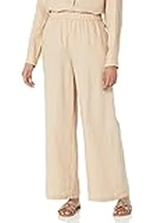 THE DROP Pantalón holgado Finley para mujer, en lino, con pernera ancha y sin cordones, beige , XXL (talla grande)