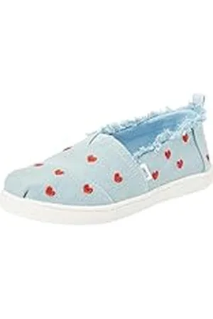 TOMS Classic Alpargata, Mocasín Plano, Pastel Blue Washed Denim/Metallic Embroidered Hearts, 34.5 EU