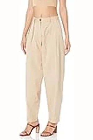 THE DROP Pantalón holgado Sharon para mujer, plisado y pernera cónica, L, color beige Hummus