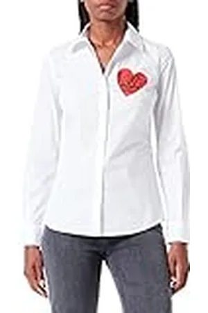 Moschino Slim Fit Long Sleeves with Red Heart Print. Camiseta, Blanco óptico, 46 para Mujer