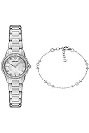 Emporio Armani Mujer Reloj de Acero Inoxidable Plateado y Pulsera de Plata de Ley, Set