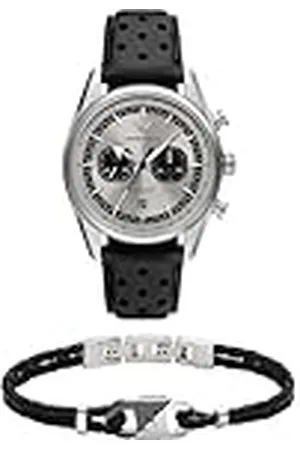 Emporio Armani Hombre Reloj de Cuero Negro y Pulsera Bicolor, Set