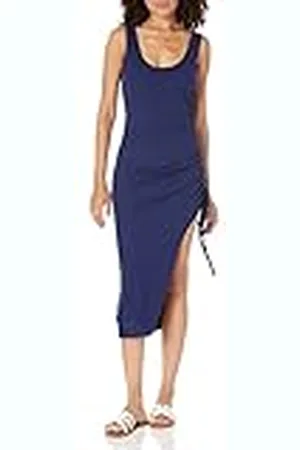 THE DROP Vestido midi Dionne para mujer, sin mangas, con fruncido y cuello redondo amplio, confeccionado en punto, , XL