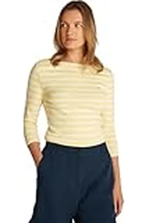 Tommy Hilfiger Camiseta de Manga Larga para Mujer Slim Cuello Barco, Multicolor (Citronella/ Ecru Stp), XS