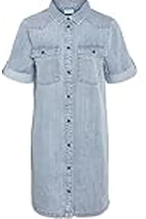 Noisy May Vestido Vaquero Midi de Manga Corta para Mujer Cuello de Camisa y Bolsillos en el Pecho, Color: , Talla:M