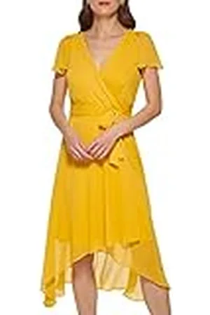 DKNY Short Sleeve Asymmetrical Hem Faux Wrap Dress Vestido, , 44 para Mujer