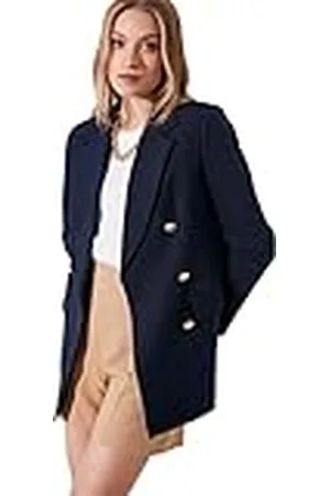 Trendyol Azules Marinos Chaqueta Tipo Blazer con Botones detallados, Talla Grande, Color, 34 para Mujer