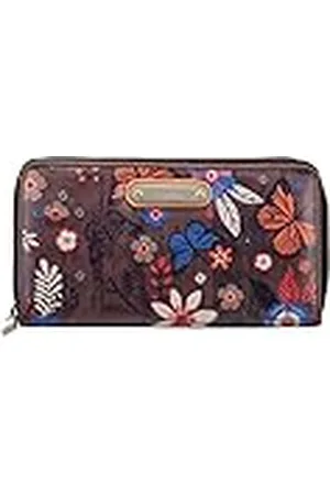 TOTTO Cartera Mujer, Modelo Upsala, con Sistema de Bloqueo RFID, con 14 Organizadores, Monedero, Billetera y Tarjeteros, Tamaño Compacto, Cierre con Cremallera, Estampado Mariposas Marrón