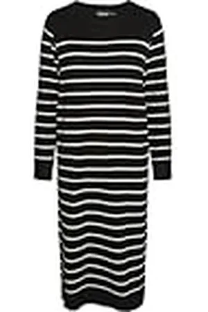 Pieces® Pcjoy LS O-Neck Knit Midi Dress Mm Vestido, Negro/Rayas: Cloud Dancer, M Mujeres