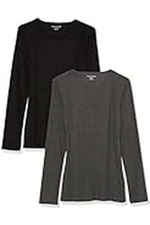 Amazon Top Ajustado de Punto Acanalado de Manga Larga con Cuello Redondo (Disponible en Tallas Grandes) Mujer, Pack de 2, , XS