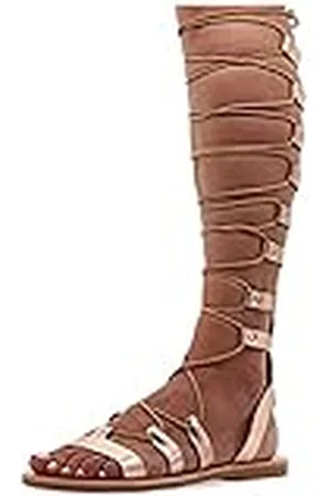 Emmanuela Handcrafted For You Emmanuela Sandalias de cuero de rodilla alta en estilo griego antiguo, Sandalias de gladiador planas hechas a mano con dedos abiertos, Zapatos de verano para atar, Oro rosa, 37 EU