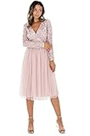 Maya Deluxe Maya Vestido Midi Adornado con La Parte Delantera de Deformación Falsa Dama de Honor, Rosa Esmerilado, 46 para Mujer