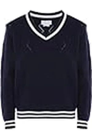 Blonda Jersey de Punto Retro para Mujer V y Cuello Redondo en Contraste Color Azul Marino, Talla M/L Suéter