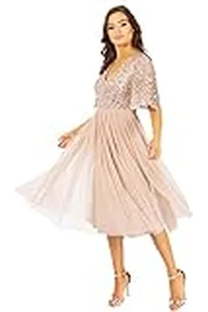 Maya Deluxe Maya Vestido Midi Adornado con Mangas Cortas con vuelos Dama de Honor, , 48 para Mujer