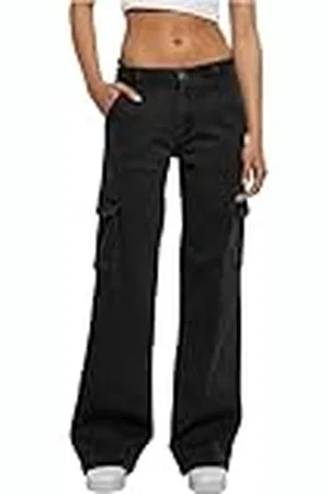 Urban classics Ladies High Waist Straight Denim Cargo Pants, Pantalones Mujer, Black Washed