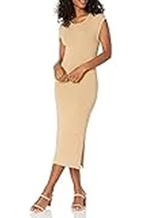 THE DROP Laila Vestido Midi de Punto con Detalle Retorcido en la Espalda y Hombreras para Mujer, , 3XL Grande