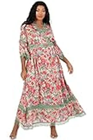 Lovedrobe Womens Ladies Summer Dress Plus Size Curve Pattern Lace Detail Maxi Ankle Length V Neckline Tiered 3/4 Sleeve Vestido, 20 para Mujer