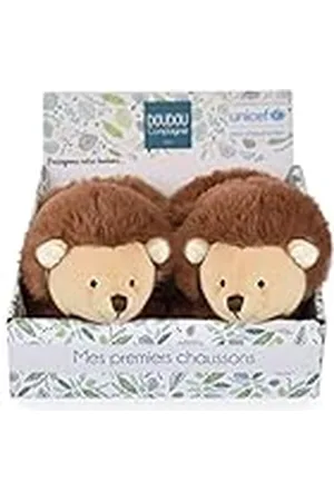 Doudou et Compagnie DC3998 – Zapatillas de – Marrón – Caja abierta – Sonajero integrado – Idea de regalo de nacimiento para niña y niño – De 0 a 6 meses