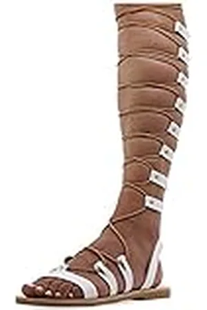 Emmanuela Handcrafted For You Emmanuela Sandalias de cuero de rodilla alta en estilo griego antiguo, Sandalias de gladiador planas hechas a mano con dedos abiertos, Zapatos de verano para atar, , 38 EU