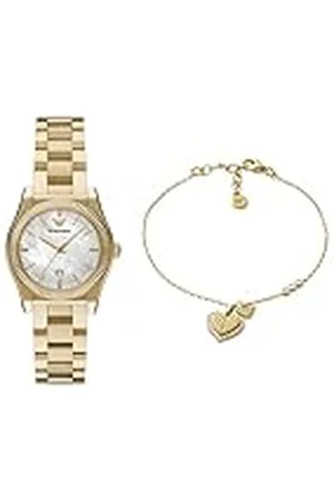 Emporio Armani Mujer Reloj de Acero Inoxidable Dorado y Pulsera de Plata de Ley, Set