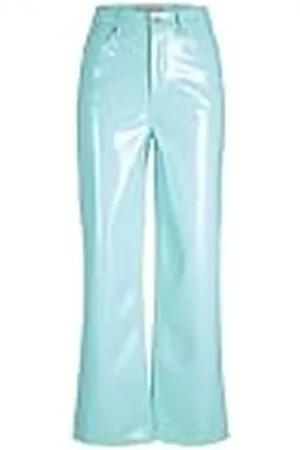 JJXX Jxkenya Hw Straight Pantalones de Piel Sintética, Pantalones Mujer, Azul. Detalles: Brillante – Largo, L