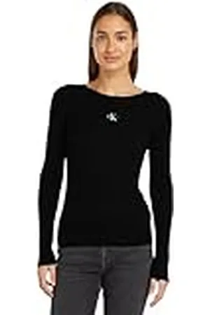 Calvin Klein Jeans Camiseta de Manga Larga Mujer Woven Label Tight Sweater Sin Capucha, , XXS