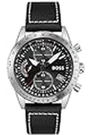 HUGO BOSS Reloj Cronógrafo de Cuarzo para Hombre de 44mm EDICIÓN Pilot Chrono con Esfera Negra, Correa de Cuero Negra, Función de Fecha, 3 Sub-Diales, Resistencia al Agua 5ATM - 1513853