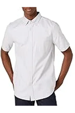 Amazon Camisa Oxford elástica de manga corta con bolsillo y corte ajustado Hombre, , S