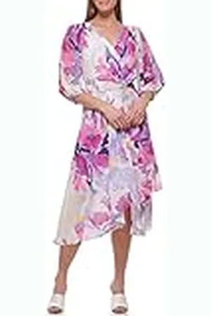 DKNY Midi Wrap Dress Vestido de cóctel, Crema/Frambuesa, 36 Mujeres