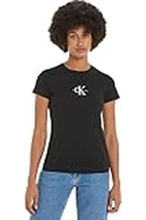 Calvin Klein Jeans Camiseta de Manga Corta para Mujer Monologo Slim con Cuello Redondo, Negro , 3XL