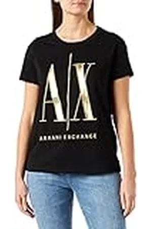 Armani Exchange Icon, Corte Normal, Logotipo Bordado en Oro Maxi Camiseta, , M para Mujer