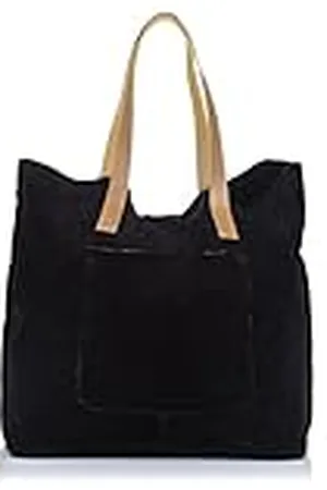 Firenze Artegiani Bolso Shopping Bag de Mujer en Piel auténtica, Acabado Gamuza, Asas en Piel Dollaro, 50 cm, Negro