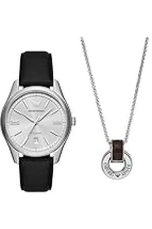 Emporio Armani Reloj de Cuero Negro y Collar de Acero Inoxidable de Hombre, Set