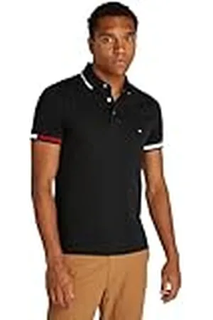 Tommy Hilfiger Polo de manga corta Hombre Flag Cuff Slim Fit, Negro (Black), S