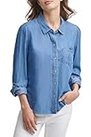 DKNY Tencel Roll Tab Puff Sleeve Blouse Camiseta, , XL para Mujer