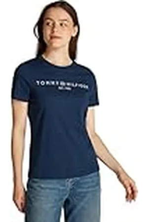 Tommy Hilfiger REG Corp Logo C-NK SS WW0WW40276, Camisetas de Punto de Manga Corta, Mujer, Azul (Dark Night Navy), M