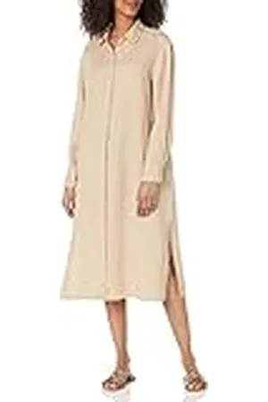 THE DROP Vestido Camisero Midi Fiona Para Mujer, En Lino, Corte Holgado, Beige , XXL (talla grande)