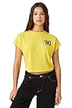 Koton Crop T-Shirt Katze Print Kurzarm Rundhals, Camiseta Mujer, Gelb (152)